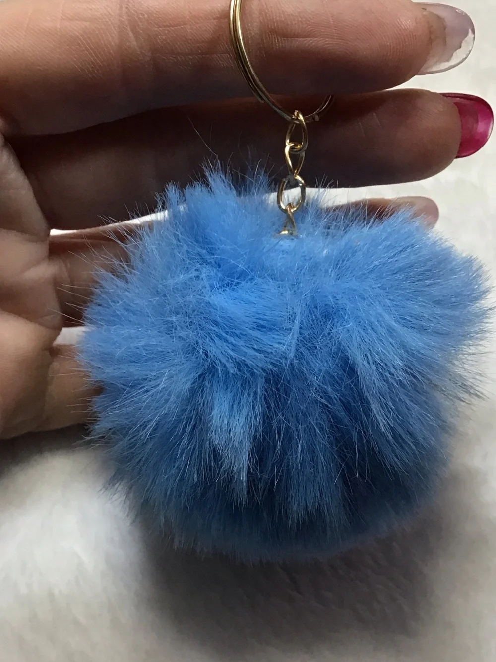 Blue Faux Fur Pom Keychain - Gold Hardware